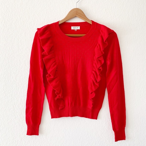 Ruffle Pointelle Knit Sweater Red - Picture 2 of 10
